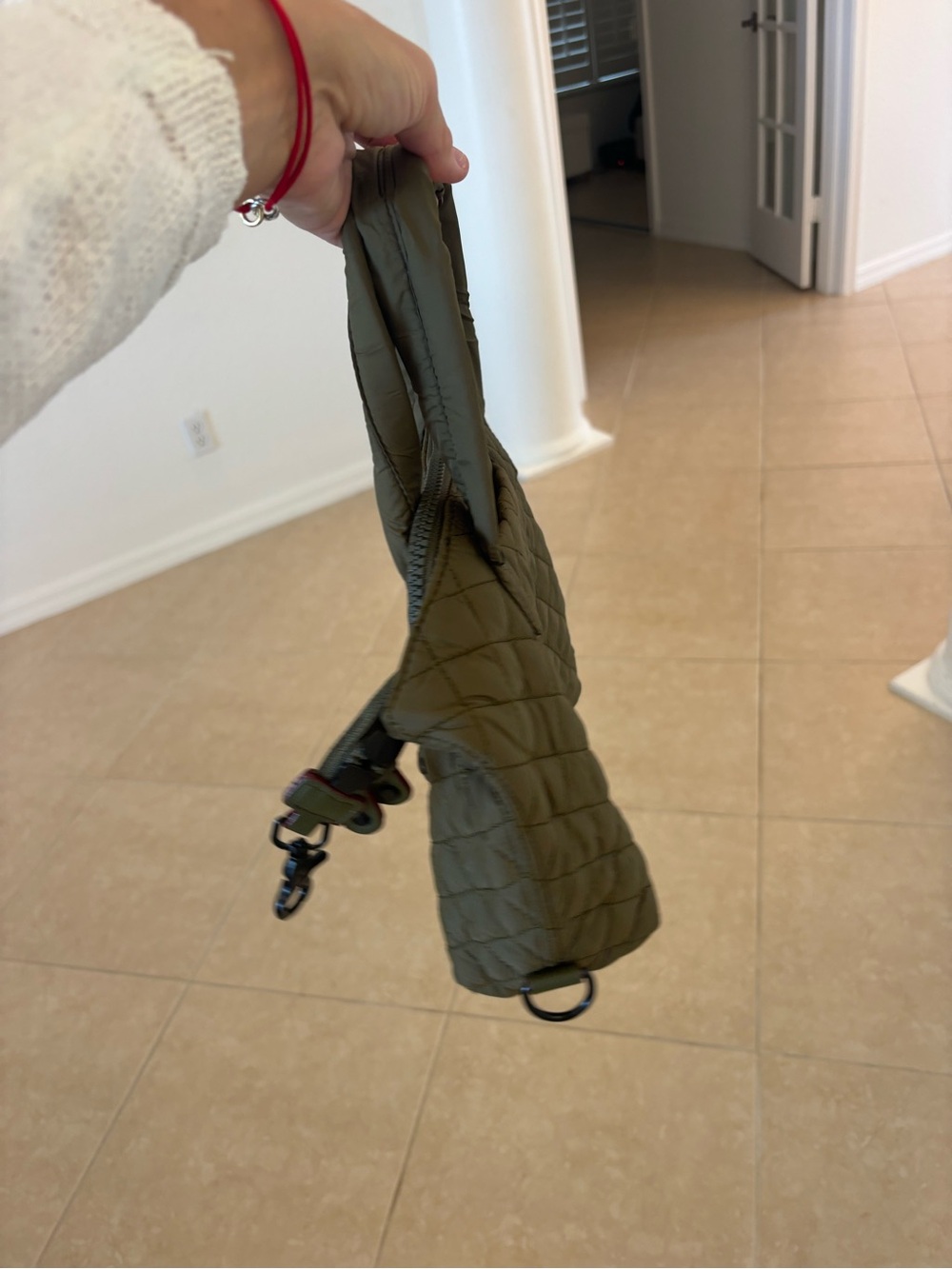 Quilted Military Green Women's Tote Bag with Top Handles - Picture 6 of 9